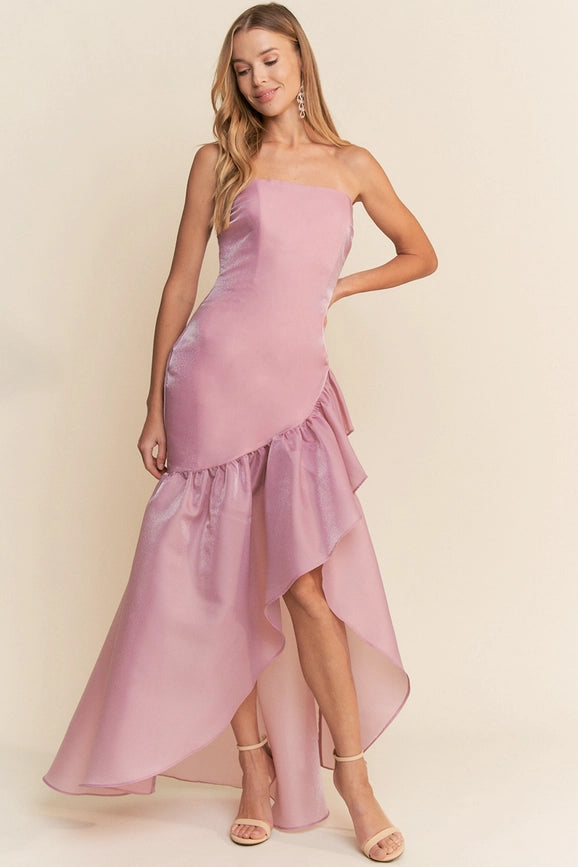 Straight Neckline Strapless Ruffle Asymmetrical High Low Dress Dusty Pink