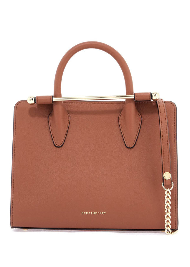 Strathberry mini tote in chestnut calfskin with removable shoulder strap