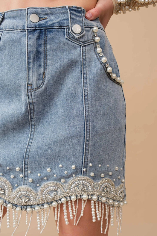 Stretch Denim Embellished Pearl Fringe Mini Skirt