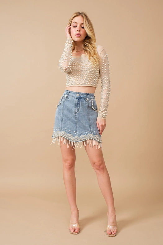 Stretch Denim Embellished Pearl Fringe Mini Skirt