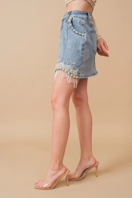 Stretch Denim Embellished Pearl Fringe Mini Skirt