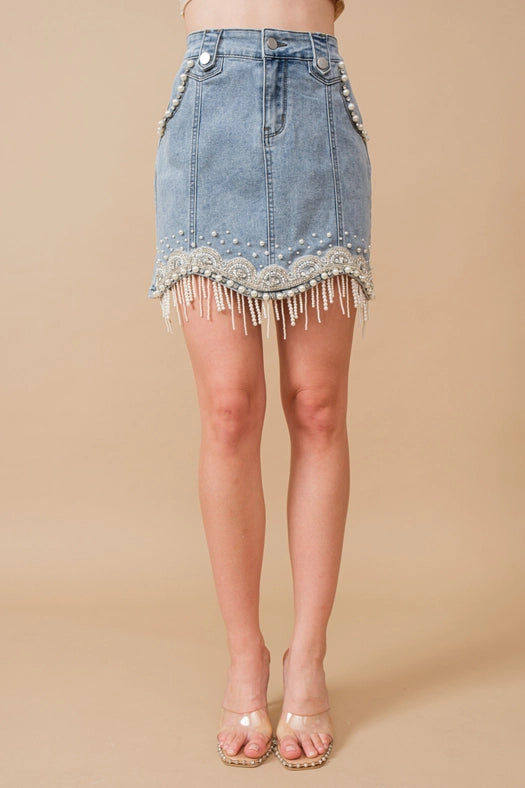 Stretch Denim Embellished Pearl Fringe Mini Skirt