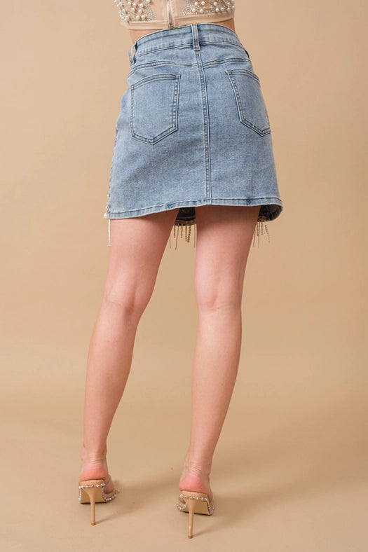 Stretch Denim Embellished Pearl Fringe Mini Skirt