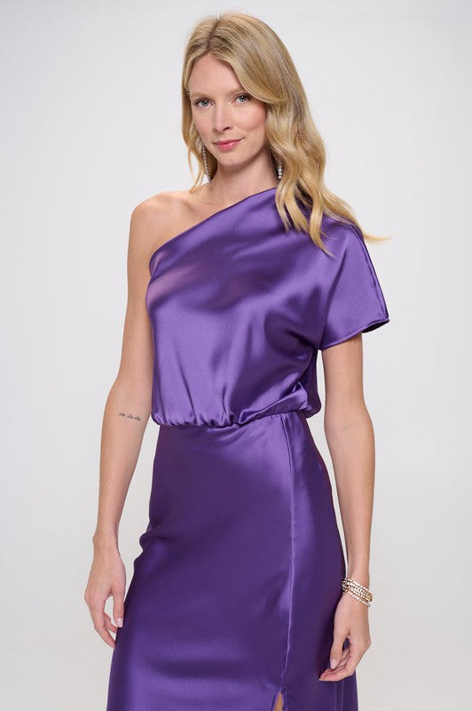 Stretch Satin One Shoulder Dress-0