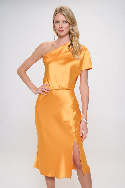 Stretch Satin One Shoulder Dress-0