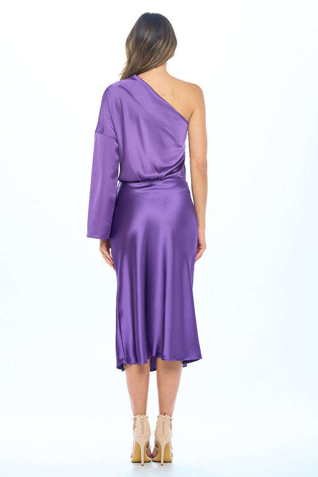 Stretch Satin One Shoulder Long Sleeve Dress-4