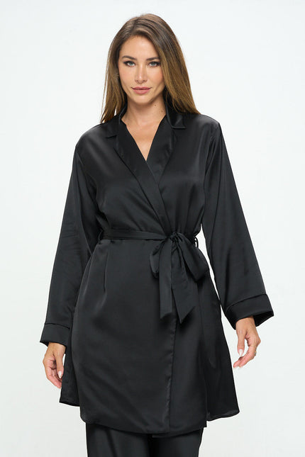 Stretch Satin Open Front Trench Coat with Tie-1