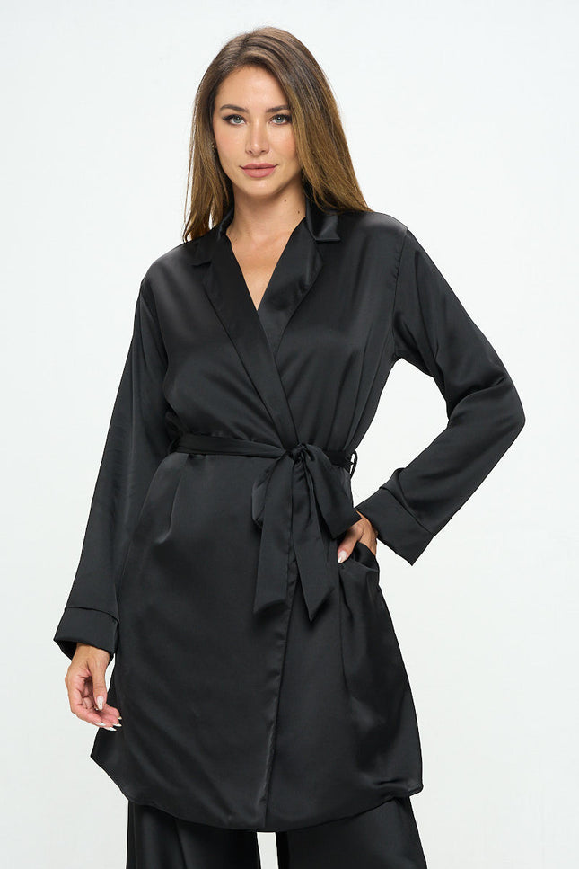 Stretch Satin Open Front Trench Coat with Tie-2