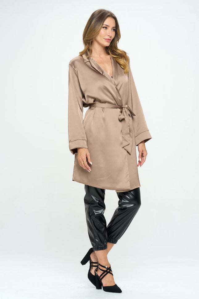 Stretch Satin Open Front Trench Coat with Tie-3