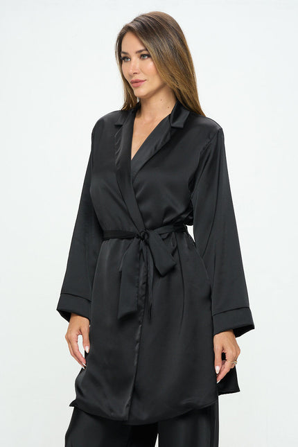 Stretch Satin Open Front Trench Coat with Tie-3