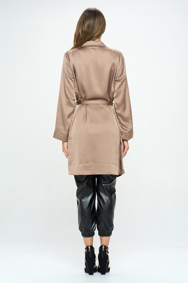 Stretch Satin Open Front Trench Coat with Tie-4