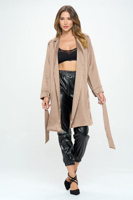 Stretch Satin Open Front Trench Coat with Tie-5