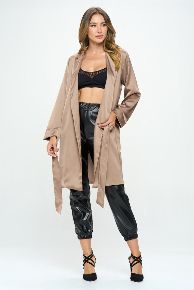 Stretch Satin Open Front Trench Coat with Tie-6