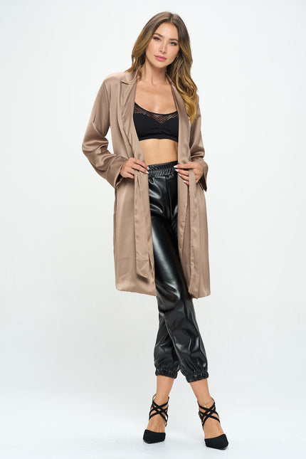 Stretch Satin Open Front Trench Coat with Tie-7