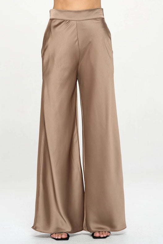 Stretch Satin Pants w/ Elastic Waist and Pockets Dune