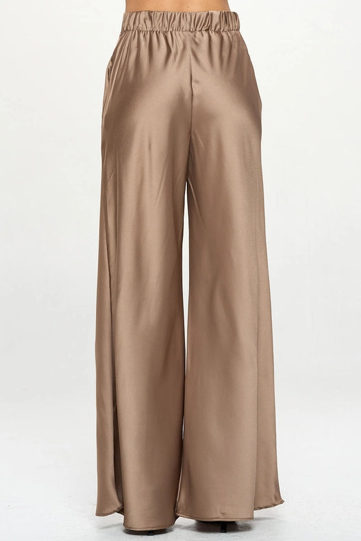 Stretch Satin Pants w/ Elastic Waist and Pockets Dune