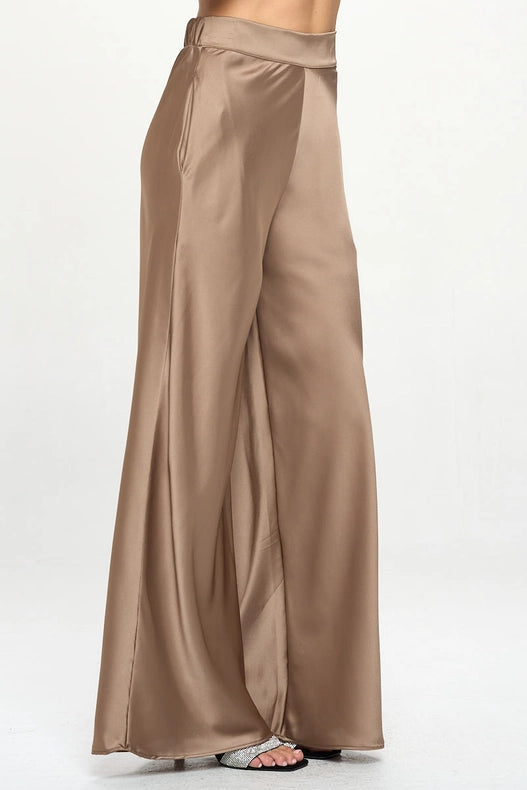 Stretch Satin Pants w/ Elastic Waist and Pockets Dune