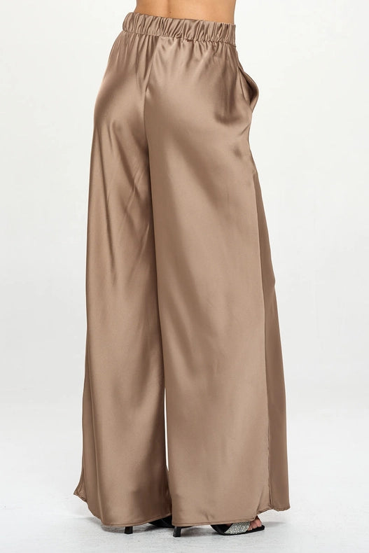 Stretch Satin Pants w/ Elastic Waist and Pockets Dune