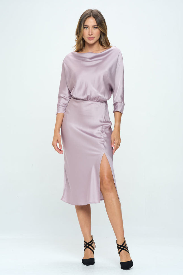 Stretch Satin Print 3/4 Sleeve Dress with Slit-2