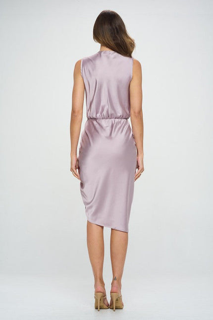 Stretch Satin Ruched Dress with Asymmetrical Hem-4