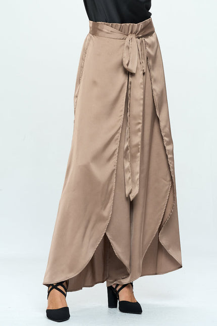 Stretch Satin Split Wide Leg Pants with Tie-1