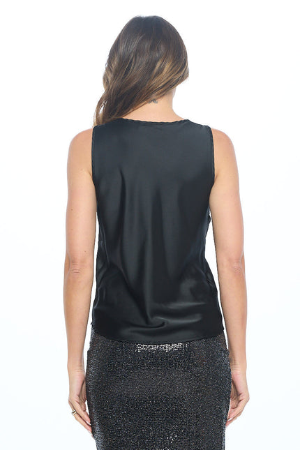 Stretch Satin V neck Sleeveless Top with Ruched Detail-3