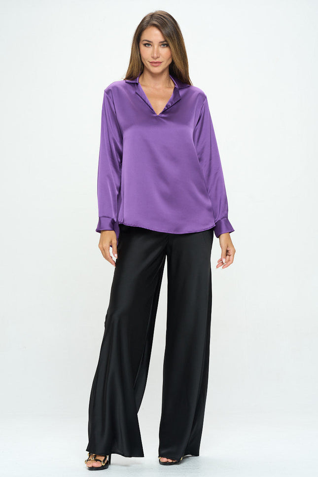 Stretch Satin V neck Top w/Collar and Cuff Sleeve-6