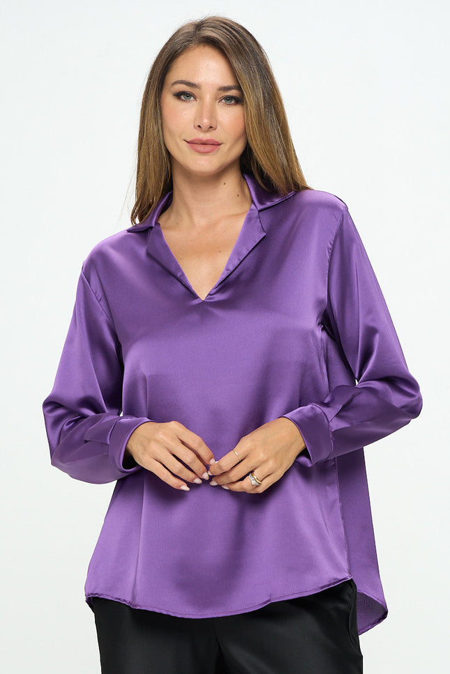 Stretch Satin V neck Top w/Collar and Cuff Sleeve-0