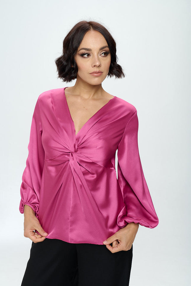 Stretch Satin V neck Top with Front Twist-2