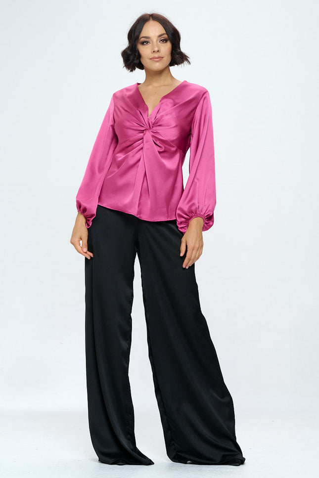 Stretch Satin V neck Top with Front Twist-4