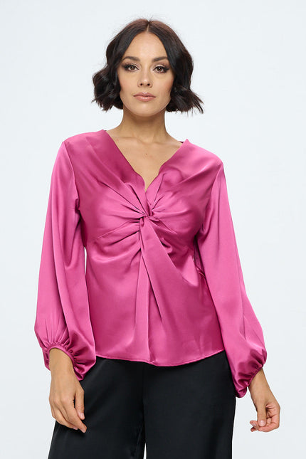 Stretch Satin V neck Top with Front Twist-0