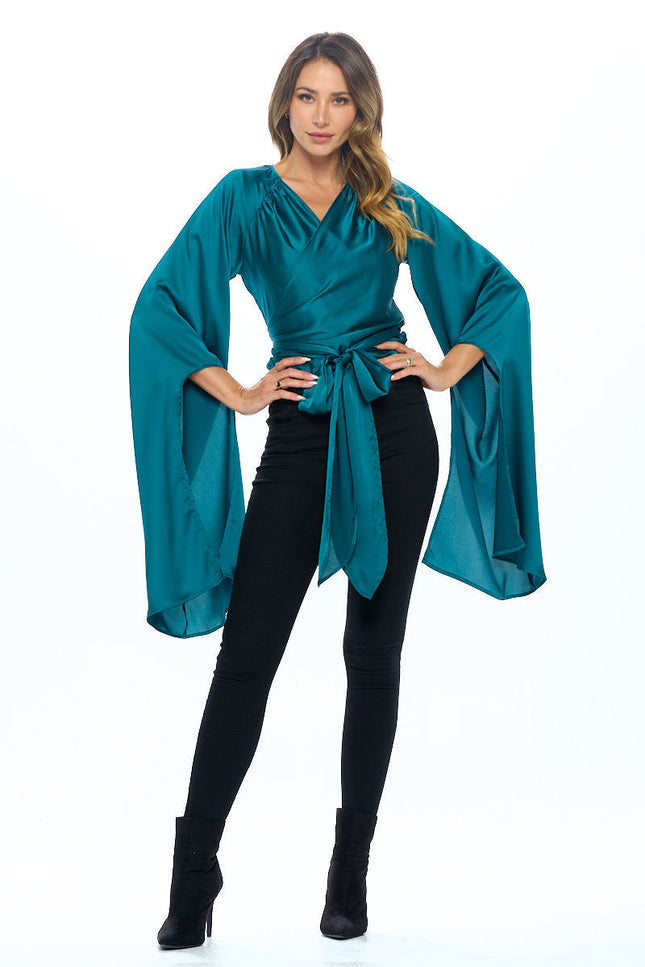 Stretch Satin Wrap Top with Exaggerated Sleeves-3