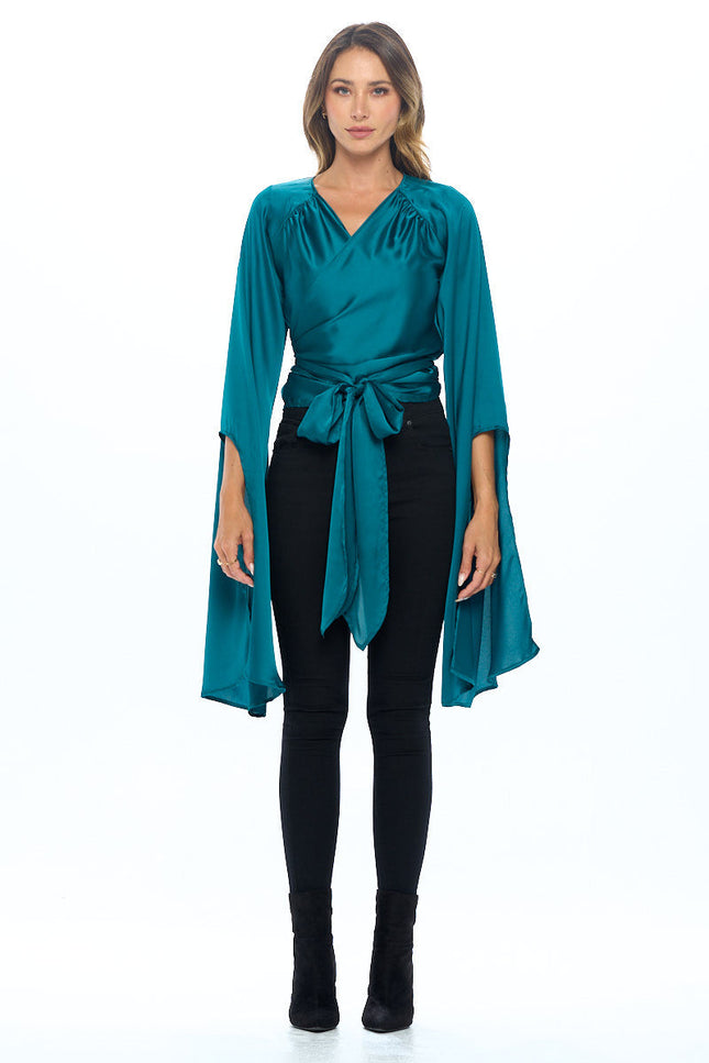 Stretch Satin Wrap Top with Exaggerated Sleeves-4