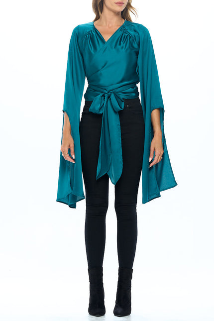 Stretch Satin Wrap Top with Exaggerated Sleeves-5