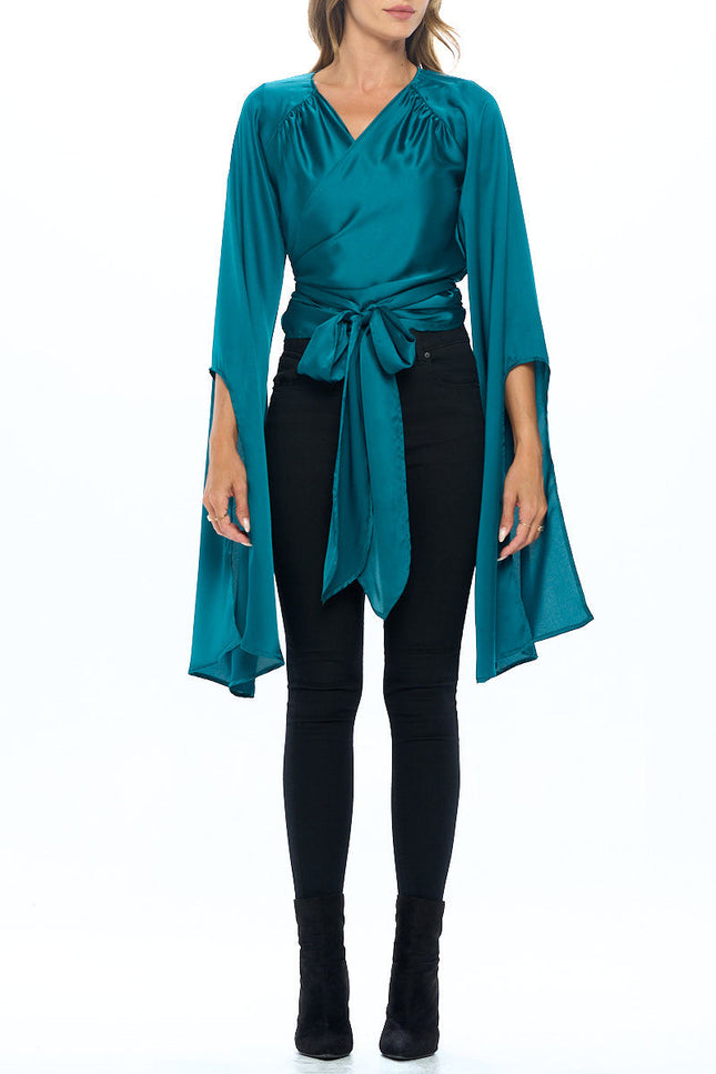 Stretch Satin Wrap Top with Exaggerated Sleeves-5