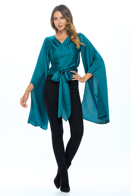 Stretch Satin Wrap Top with Exaggerated Sleeves-1