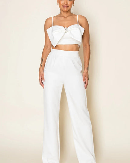 Stretch Woven Bow Front Top & Pant Set