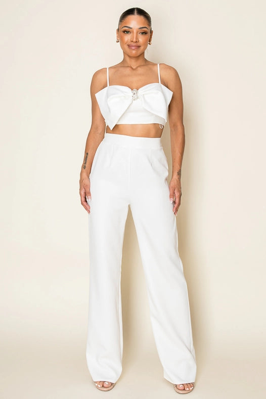 Stretch Woven Bow Front Top & Pant Set