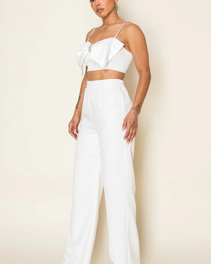 Stretch Woven Bow Front Top & Pant Set