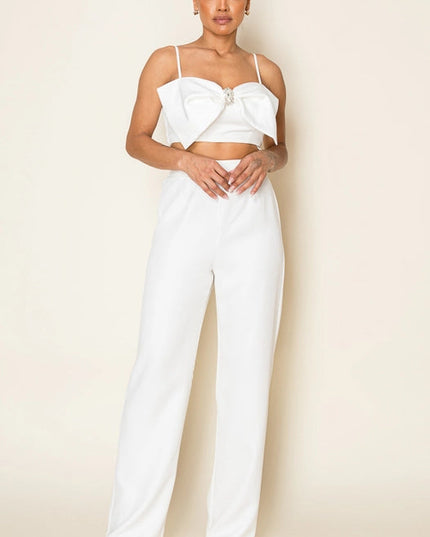 Stretch Woven Bow Front Top & Pant Set