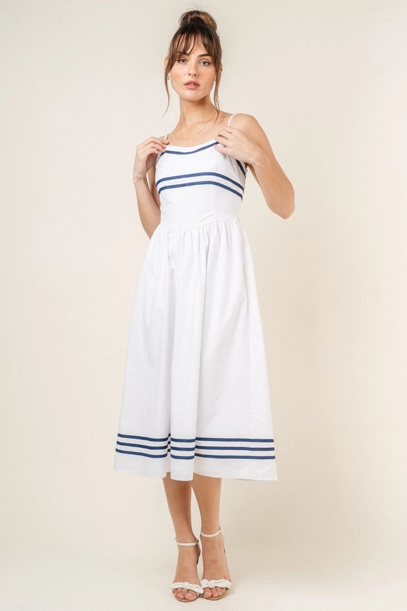 Stripe Lined Spg Strap Midi Dress-Dress-Fore Collection-S-White/Navy-Urbanheer