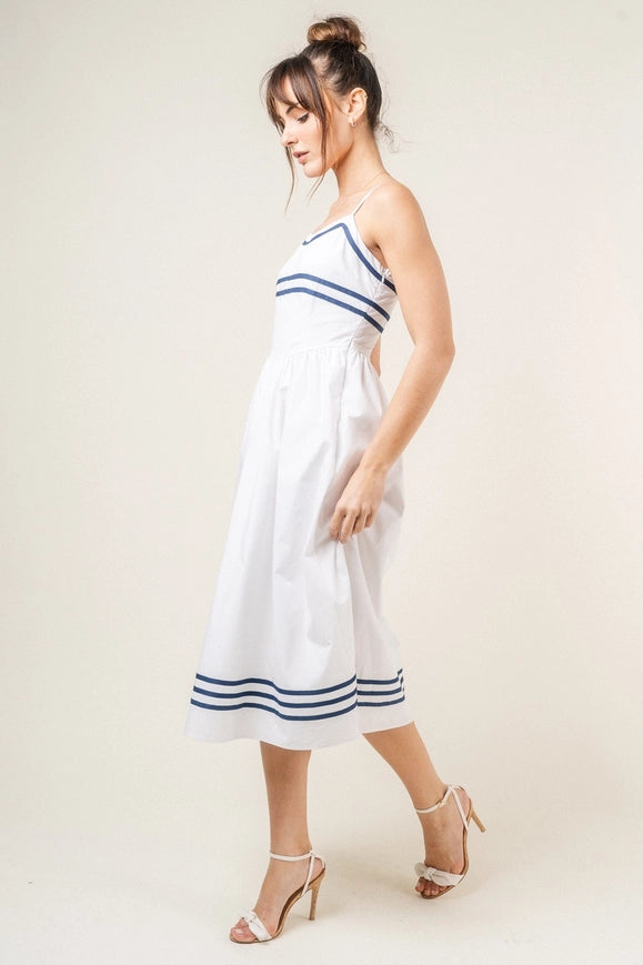 Stripe Lined Spg Strap Midi Dress-Dress-Fore Collection-Urbanheer