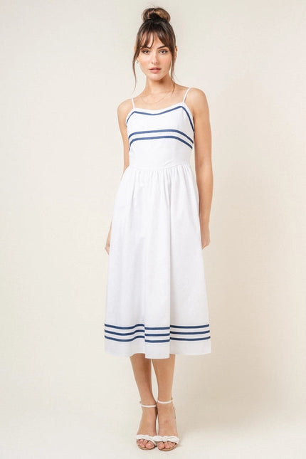 Stripe Lined Spg Strap Midi Dress-Dress-Fore Collection-Urbanheer