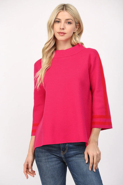 Stripe Mock Neck Sweater FUCHSIA