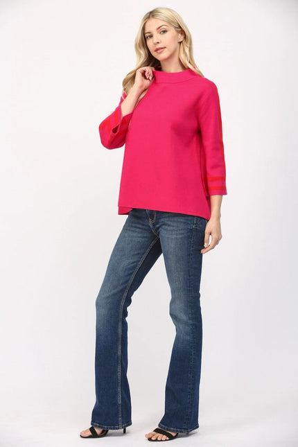 Stripe Mock Neck Sweater FUCHSIA