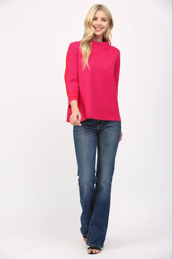 Stripe Mock Neck Sweater FUCHSIA