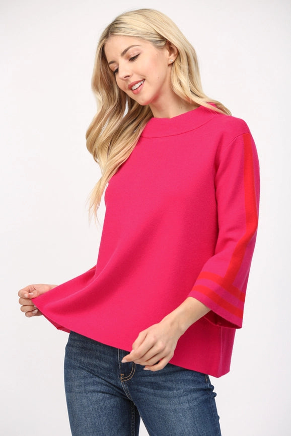 Stripe Mock Neck Sweater FUCHSIA