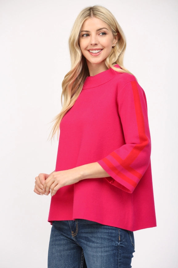 Stripe Mock Neck Sweater FUCHSIA