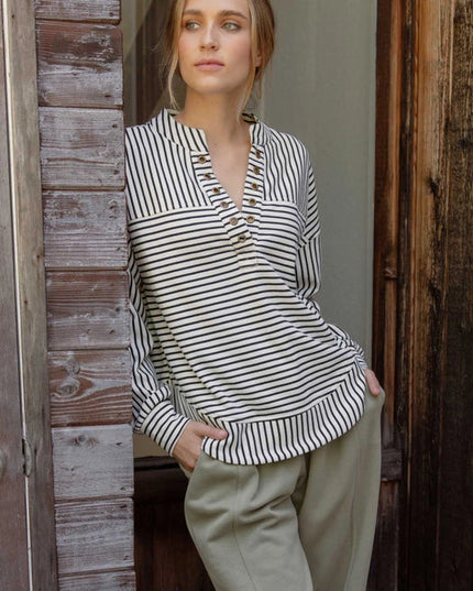 Stripe Spliced Grommet Long Sleeve Knit Top IVORY