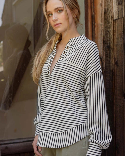 Stripe Spliced Grommet Long Sleeve Knit Top IVORY